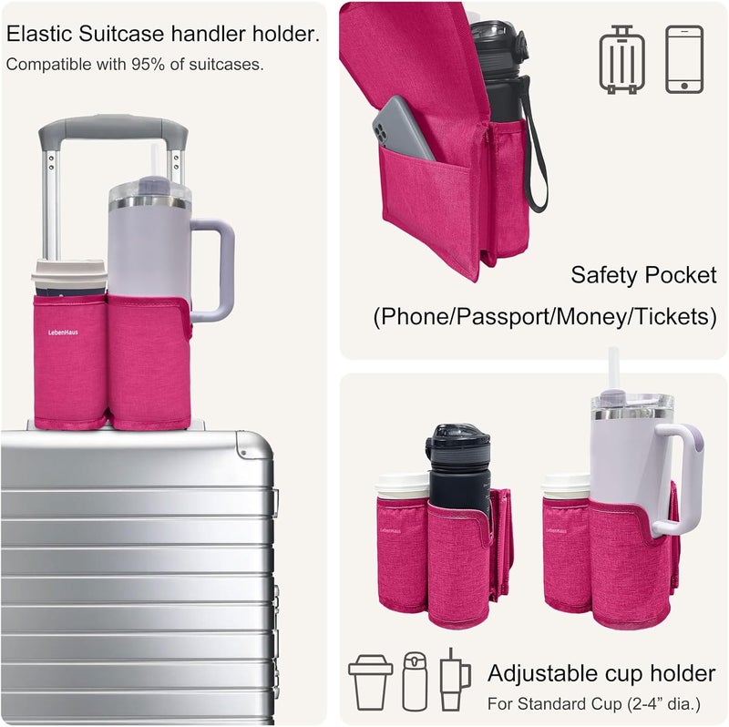 LebenHaus 2 in 1 Luggage Cup Holder for Suitcase|Airplane Tray Table Carry on Hands Free Drink Carrier for Stanley Tumblers Coffee Beverage Organizer (Pink) - Image 3
